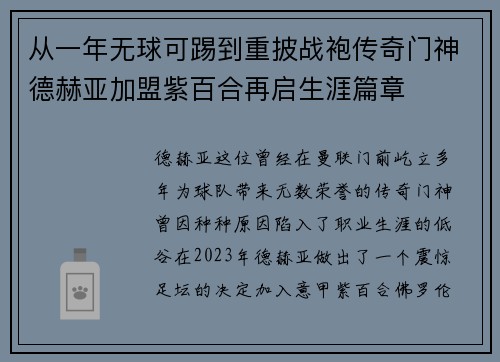 从一年无球可踢到重披战袍传奇门神德赫亚加盟紫百合再启生涯篇章 从一年无球可踢到重披战袍传奇门神德赫亚加盟紫百合再启生涯篇章